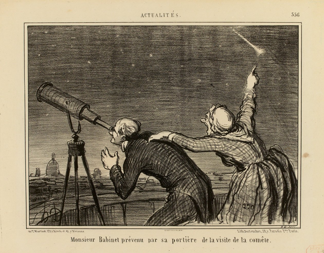 Actualités č. 556: Pan Babinet informovaný svou domovnicí o návštěvě komety od Honoré Daumier