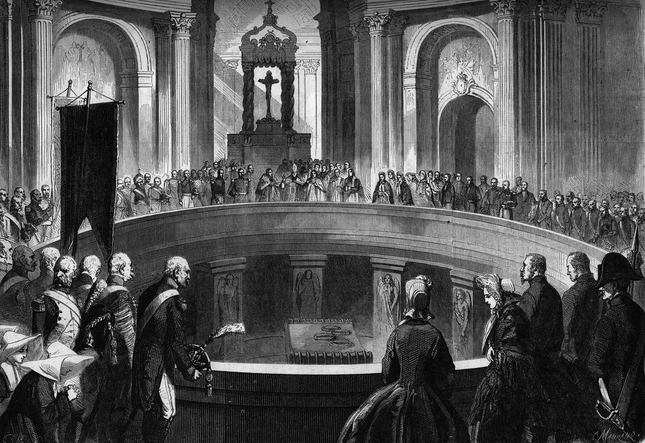 Výročí smrti Napoleona 1., 5. května 1863: vzpomínková mše sloužená v Invalidovně v Paříži za přítomnosti bývalých vojáků napoleonské armády. Rytina v ""Le Monde Illustre"" č. 318 z 16. května 1863. od Honoré Daumier