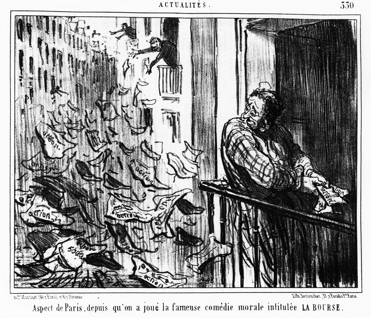 Vzhled Paříže, od slavné morální komedie s názvem LA Bourse: série převzatá z „“ Actualites“, série karikatur na burze Honore Daumiera (1808-1879). "Serenáda" od Honoré Daumier
