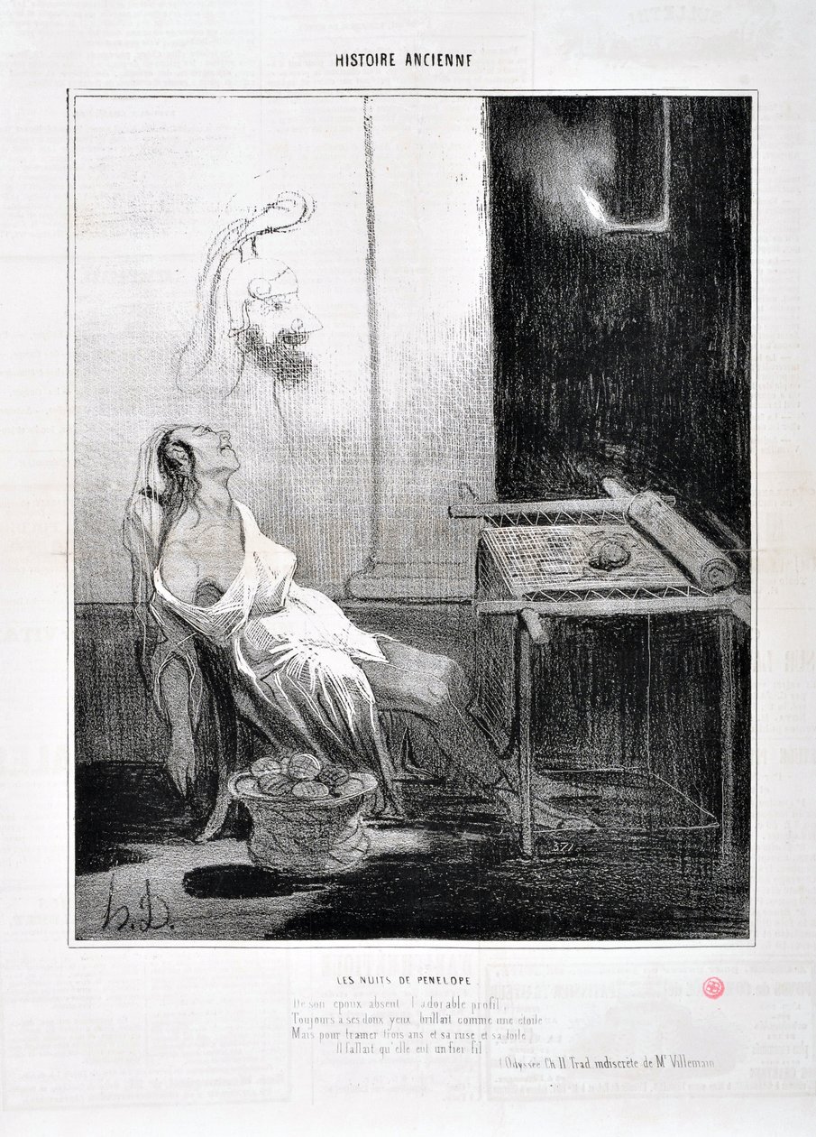 Umělecké dílo od Honore Daumier (1808-1879) Charivari pochází z roku 1842: Serie HISTORIE ANCIE Les Nuits de Penelope „“ Z jejího spooux nepřítomného rozkošného profilu Forever se svým sladkým očima zářila jako hvězda Účel utkat tři roky a její mazanost a  od Honoré Daumier