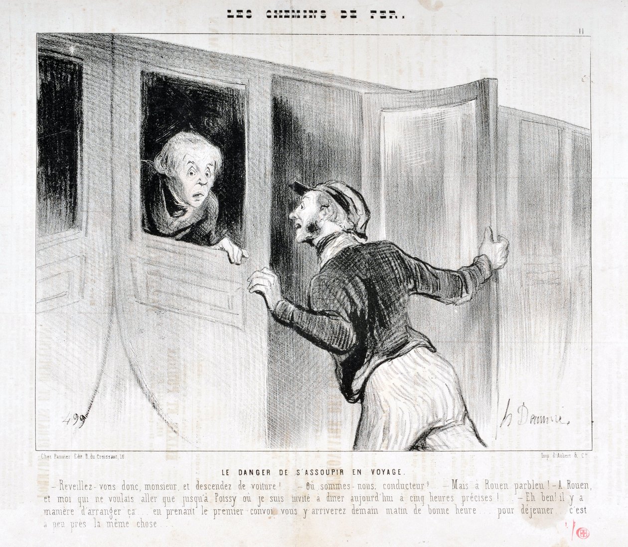 Umělecké dílo Honore Daumiera (1808-1879). Charivari pochází z roku 1843: Serie LES RAILWAYS Nebezpečí usnutí na cestě „“ -Probuďte se, pane a vystupte z auta! - Kam jedeme? - Ale Rouen parbleu! - V Rouen a já, který jsme chtěli jet jen do Poiss od Honoré Daumier