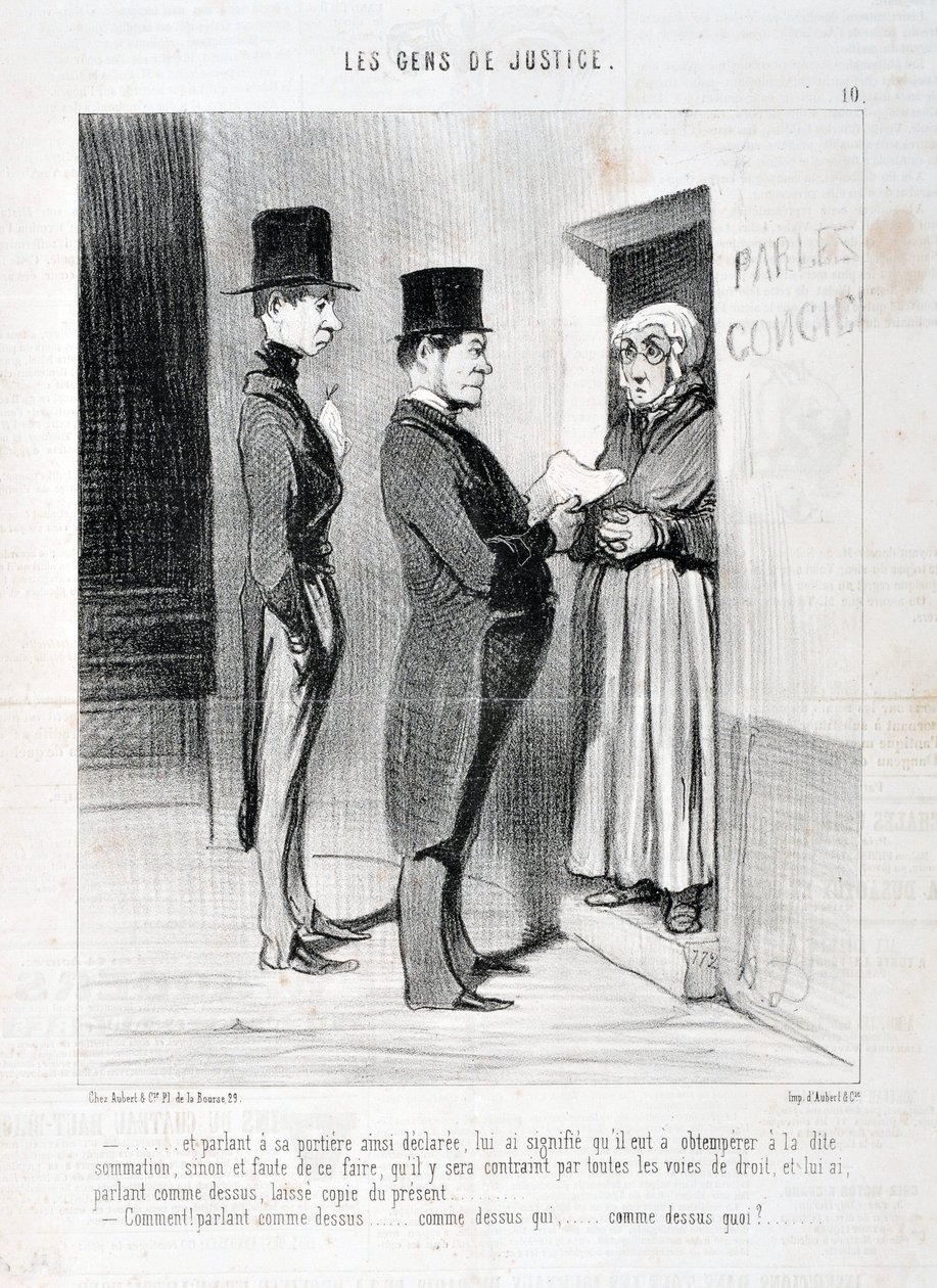 Umělecké dílo Honore Daumiera (1808-1879). Charivari pochází z roku 1845: Serie LES PEANS DE JUSTICE “” -... a promluvit u jeho dveří tak prohlásil, znamenalo to pro něj, že musel poslechnout uvedené shrnutí, jinak a pokud tak neučiní, bude nucen od Honoré Daumier