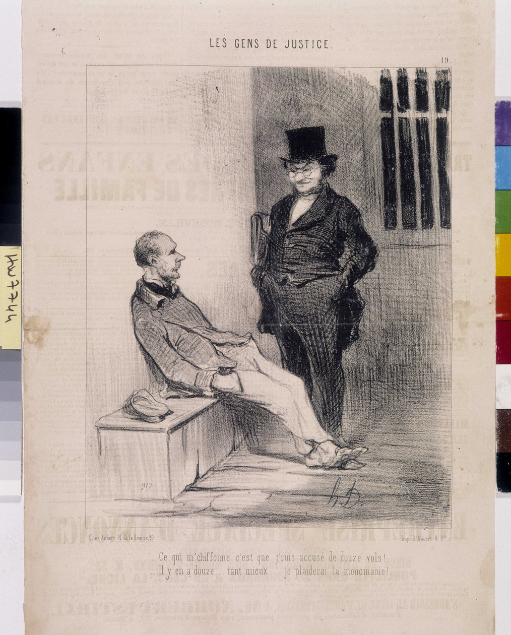 Umělecké dílo Honore Daumiera (1808-1879). Charivari pochází z roku 1845: Serie LES PEANS DE JUSTICE. "" Naštve mě, že jsem obviněn z 12 loupeží! - Je jich dvanáct... mnohem lepší... budu se přimlouvat za monománii””” výpis z novin Le”” Charivari od Honoré Daumier