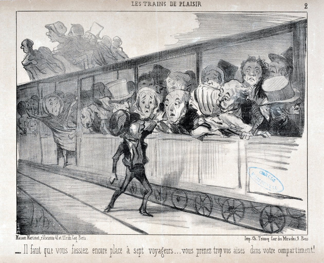 Umělecké dílo Honore Daumiera (1808-1879). Charivari pochází z roku 1852: Serie LES TRAINS DE PLEASURE - Musíte uvolnit místo pro sedm cestujících... ve svém kupé jste příliš pohodlní! MUZEUM VÝTVARNÉHO UMĚNÍ - PALACE LONGCHAMP, MARSEILLE od Honoré Daumier