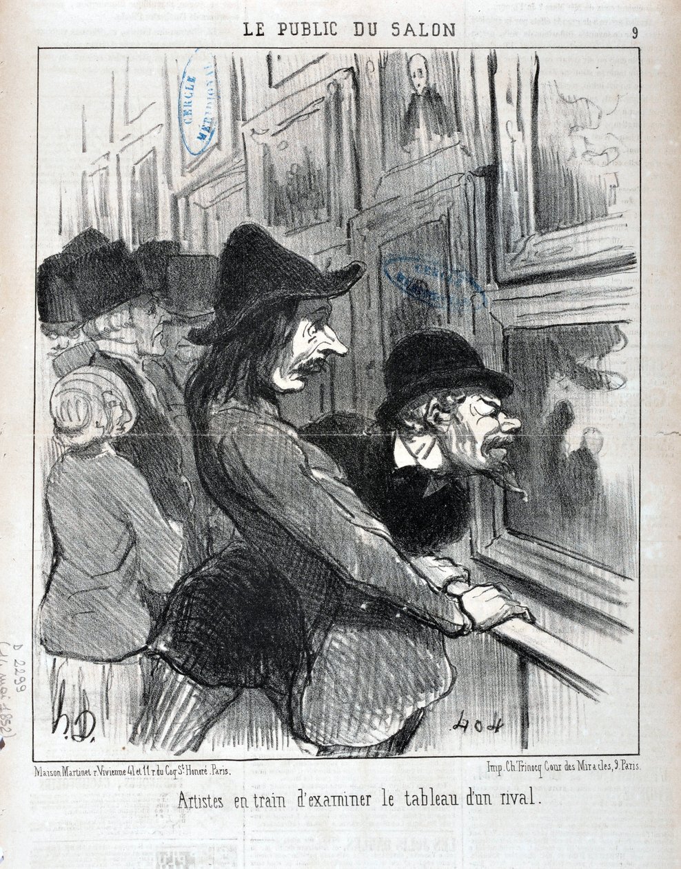 Umělecké dílo Honore Daumiera (1808-1879). Charivari pochází z roku 1852: Serie LE PUBLIC DU SALON – „“Umělci zkoumající obraz soupeře““ MUSEE DES BEAUX ARTS – PALAIS LONGCHAMP, MARSEILLE od Honoré Daumier