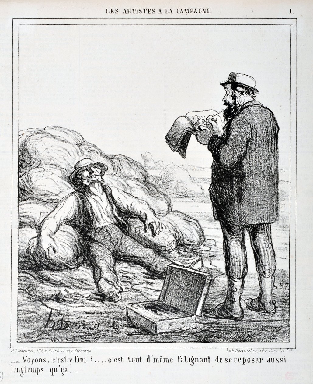 Umělecké dílo Honore Daumiera (1808-1879). Charivari pochází z roku 1865: Serie LES ARTISTS IN THE CAMPAGNE “” - Podívejme se, je konec?... Je stále únavné odpočívat, dokud...” MUZEUM VÝTVARNÝCH UMĚNÍ - PALACE LONGCHAMP, MARSEILLE od Honoré Daumier