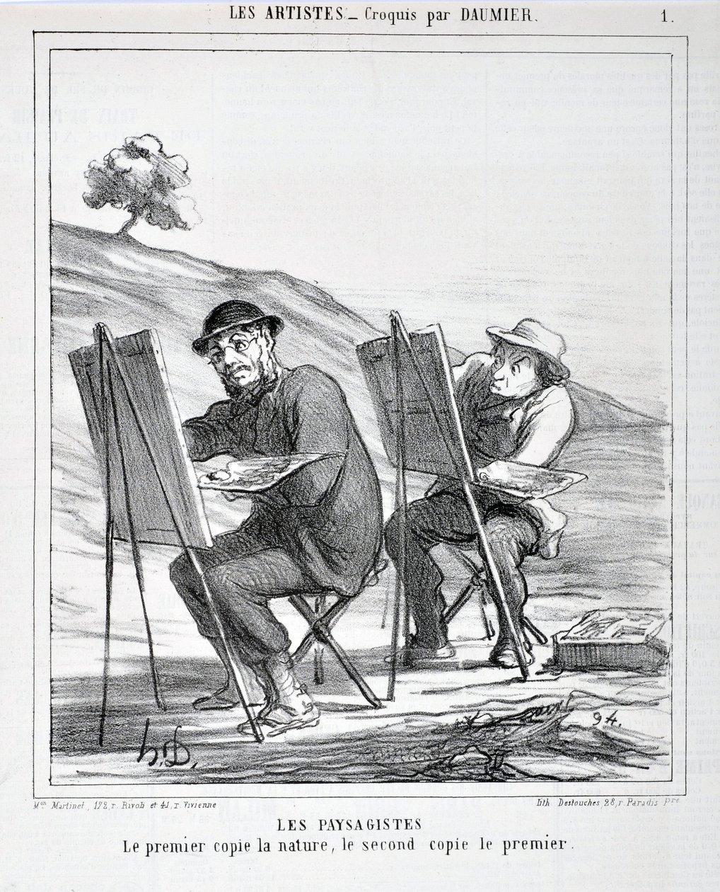 Dílo Honore Daumiera (1808-1879). Charivari pochází z roku 1865: Série LES ARTISTS Les paysagistes. "První kopíruje přírodu, druhé kopíruje první" MUSEE DES BEAUTS ARTS - PALAIS LONGCHAMP, MARSEILLE od Honoré Daumier