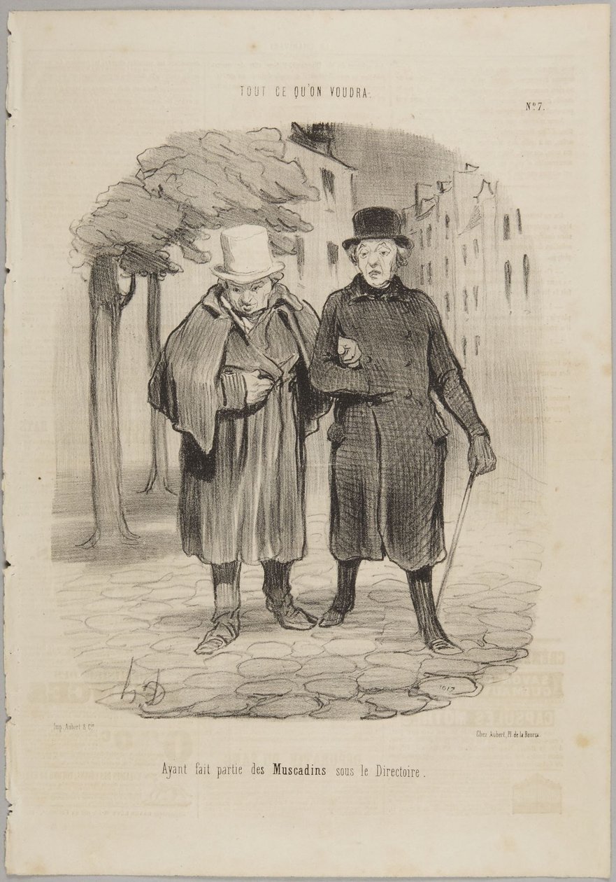 Býval členem skupiny Muscadins za vlády Direktoria, číslo 7 ze série „Tout ce qu’on voudra“ z časopisu Le Charivari od Honoré Daumier