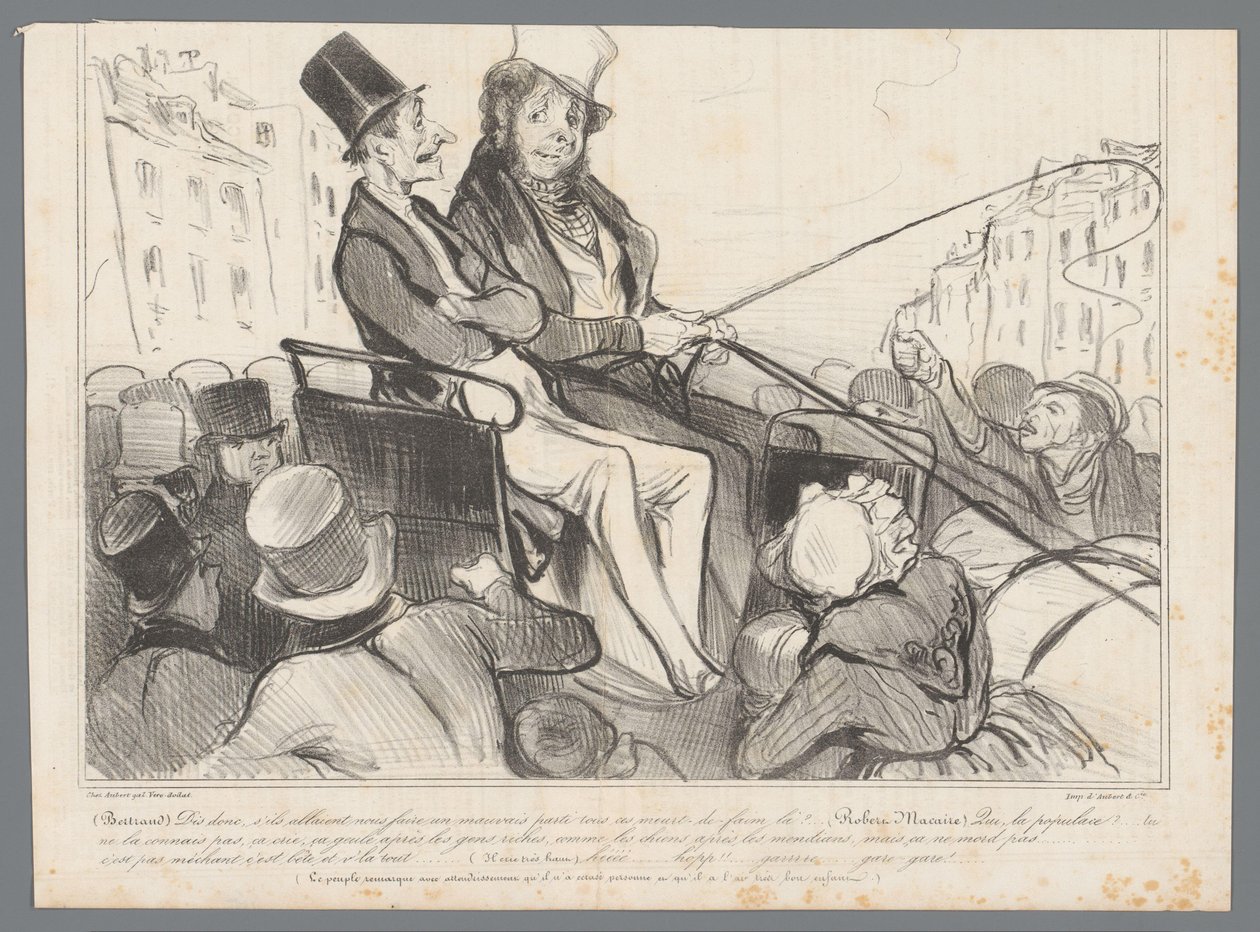 Bertrand a Robert-Macaire v kočáře obklopení lidmi od Honoré Daumier