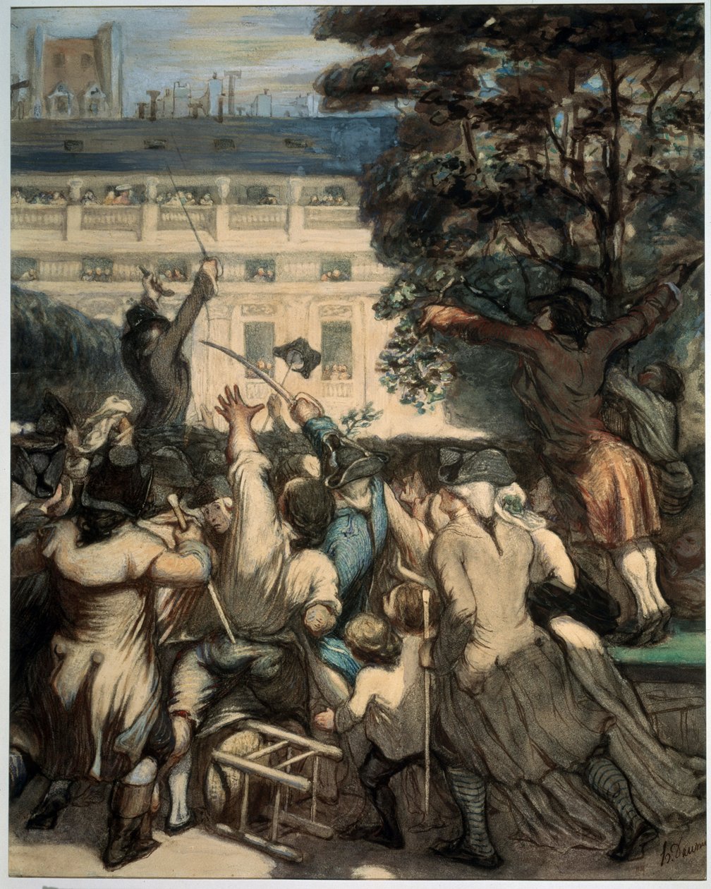 ""Camille Desmoulins (1760-1794) vypráví vlastence v zahradách královského paláce"" První scéna francouzské revoluce v Paříži: 7. 12. 1789, po propuštění Jacquese Neckera králem, Camille Desmoulins mluví dav v královském paláci od Honoré Daumier
