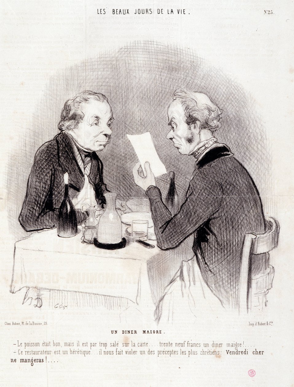 Karikatura o drahém životě. Série „“The Beautiful Days of Life““: Štíhlá večeře...“ Rytina Honore DAUMIER (1808-1879). Výňatek z novin „“Le Charivari““ z 18. října od Honoré Daumier