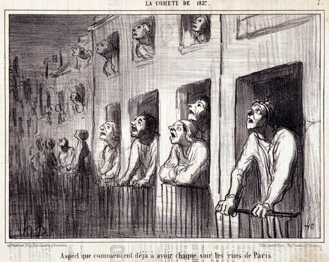Karikatura o vědě. Serie Sur “” la Comete de 1857”””: “” Aspekt, který už začíná mít každou noc v ulicích Paříže””. Rytina Honore DAUMIEROVÉ (1808-1879). Výňatek z novin „“Le Charivari““. Rozměr 38 x 25 cm. Inv D - box 7 Marseille, od Honoré Daumier