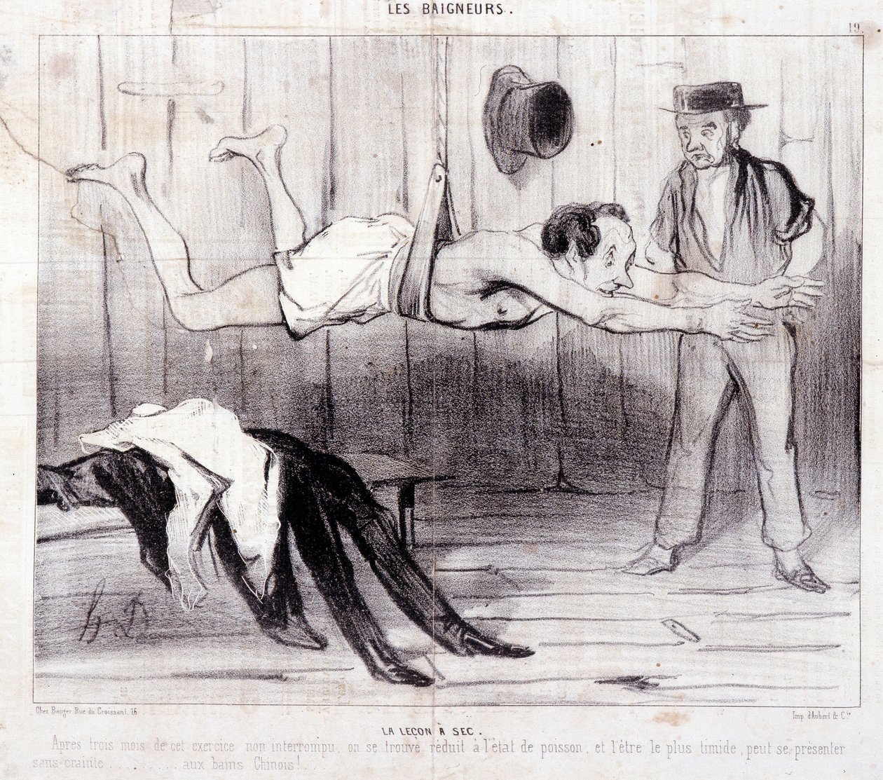 Kreslený vtip o turistech na dovolené. Série "Les Baigneurs": "La lecon a dry". Seriál "Les Baigneurs": "La lecon a dry". Rytina Honore DAUMIER (1808-1879). Výňatek z novin "Le Charivari". Rozměr 25x36 cm krabice 12 Marseille, Musee od Honoré Daumier
