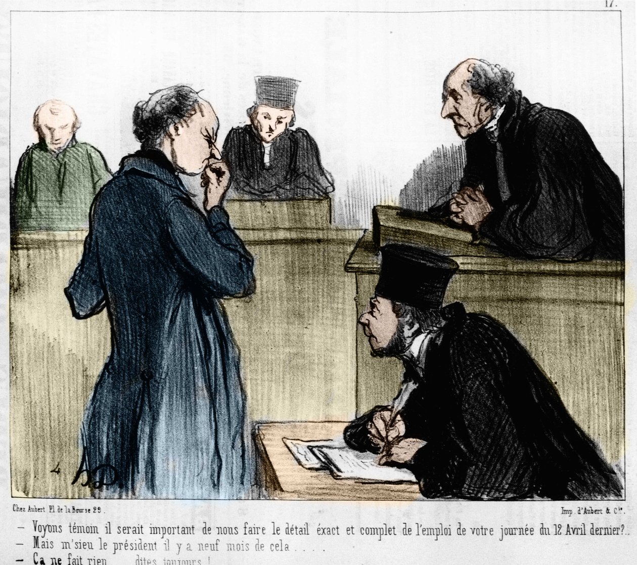 Cartoon by Daumier: Serie “” Les Gens de justice”” publikovaná v “” Charivari”” 4. 3. 1846. Výslech svědka. od Honoré Daumier
