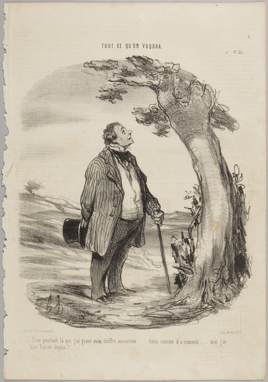 „A přesto právě tam jsem vyryl svůj milostný znak...“, číslo 35 ze série Všechno, co si kdo přeje z Le Charivari od Honoré Daumier