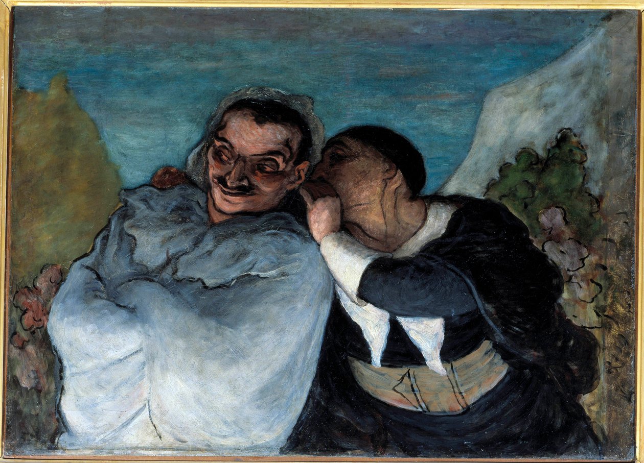 Crispin a Scapin také říkají Scapin a Silvestre. Dvě postavy v Molierově hře „Les fourberies de Scapin““ důvěřují svému uchu. Obraz Honore Daumiera (1808-1879). 1864 ne. 0,60 x 0,82 m Paris Musee d