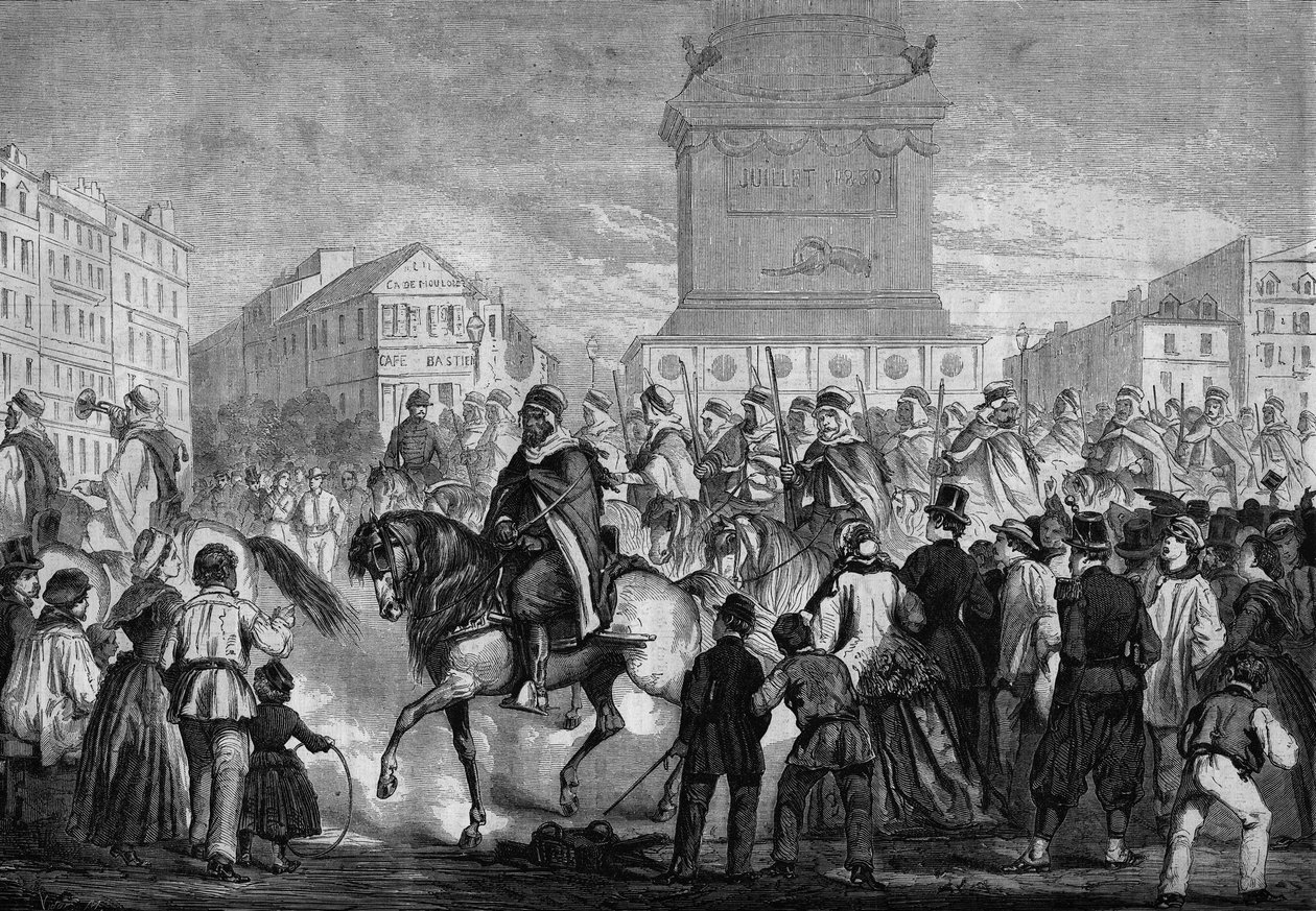 Přehlídka spahis alžírské koloniální armády v ulicích Paříže (průchod na náměstí Place de la Bastille) od Honoré Daumier