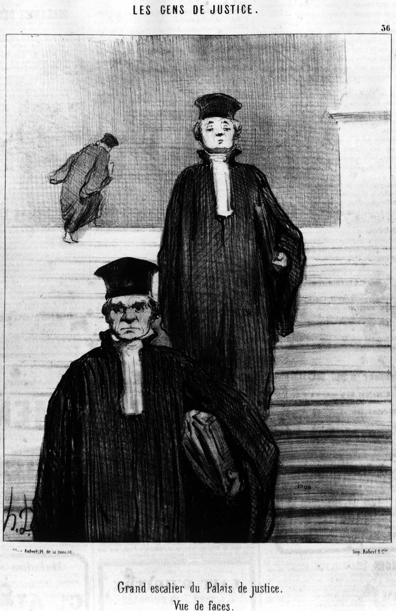 Velké schodiště Justičního paláce, Pohled na tváře, převzato z „Gens de Justice“, série karikatur o spravedlnosti od Honore Daumier (1808-1879). "Serenáda" od Honoré Daumier