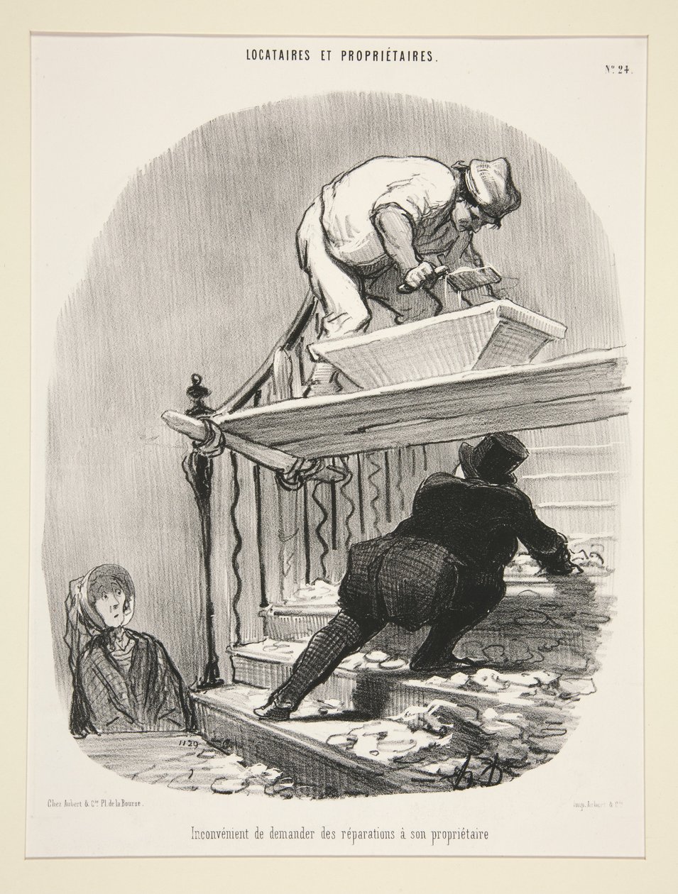 Nevýhoda žádat pronajímatele o opravy. (Inconvenience of asking the landlord to repair the house.), str. 24 ze série „Nájemníci a pronajímatelé“ (Tenants and landlords) od Honoré Daumier