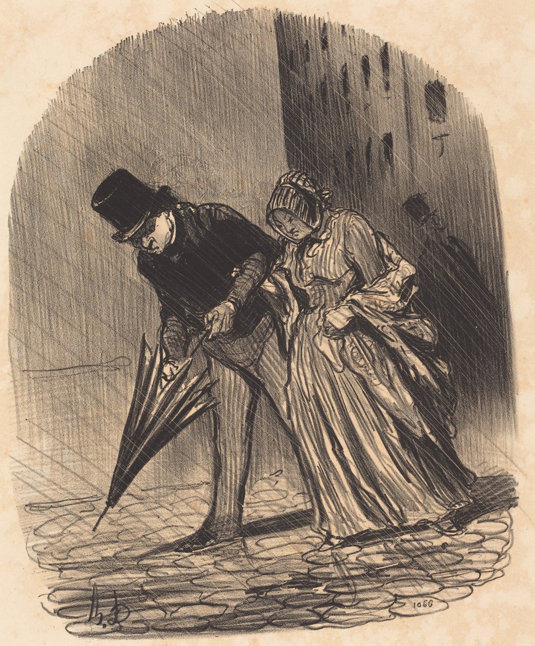 Nevýhoda příliš složitého deštníku s pružinami od Honoré Daumier