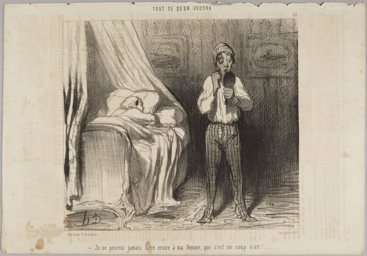 Nikdy se mi nepodaří přesvědčit manželku, že to byl průvan!, číslo 22 ze série Cokoli si přejete z Le Charivari od Honoré Daumier