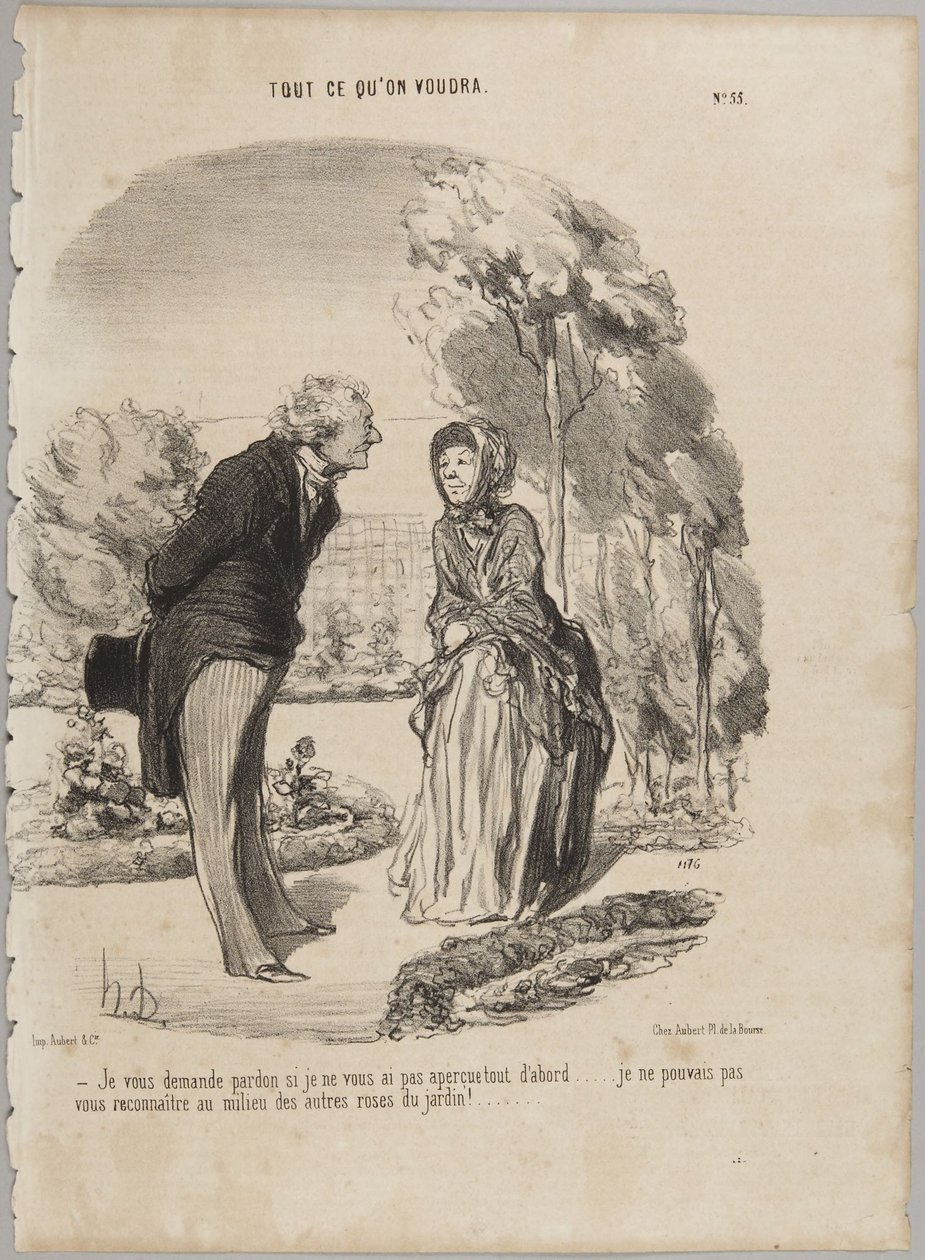 Promiňte, že jsem si vás zprvu nevšiml..., číslo 55 ze série „Cokoli si přejete“ z Le Charivari od Honoré Daumier