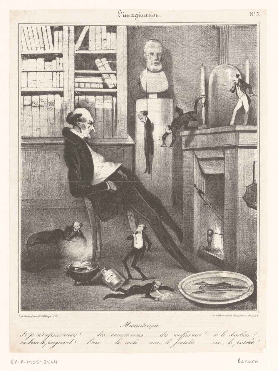 Karikatura misantropa, který přemýšlí, jak spáchá sebevraždu od Honoré Daumier