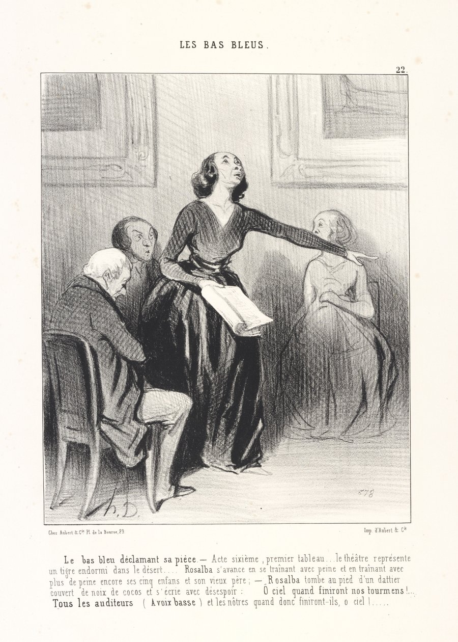 Modrá punčocha přednášející svou hru, tabule 22 ze série Modré punčochy z časopisu Le Charivari od Honoré Daumier