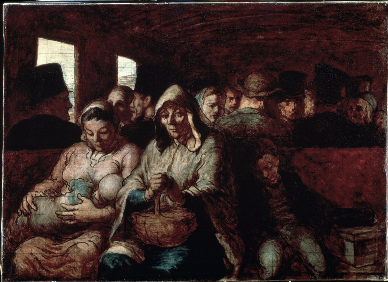 ""The Third Class Wagon"" (Vagón třetí třídy) Dvě matky oblíbeného sociálního původu ve vlaku se svými dětmi. Obraz Honore Daumiera (1808-1879) 1862-1864 Museum of Fine Arts, Ottawa, Kanada od Honoré Daumier