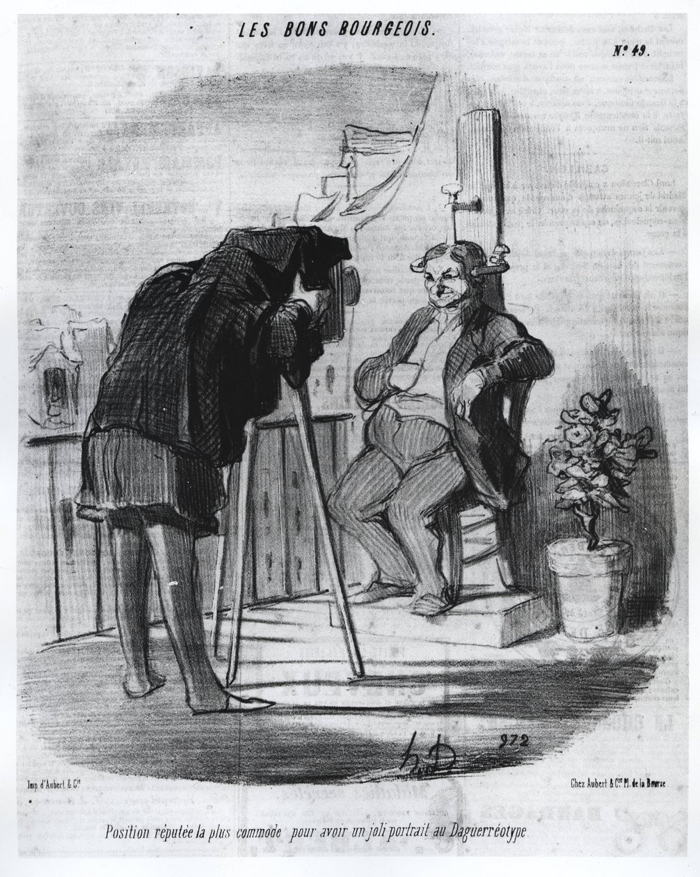 Les Bons Bourgeois - Nejvýhodnější pozice pro pěkný portrét v daguerrotypii, karikatuře Daumiera - v „“ Charivari““ z 24. 7. 1847. od Honoré Daumier