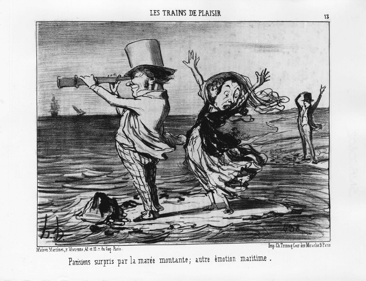 Pleasure Trains: Pařížané překvapeni stoupajícím přílivem; jiné námořní emoce – od Daumiera „“ Les chemins de fer““, v „“ Charivari““ z 18. 9. 1852. od Honoré Daumier