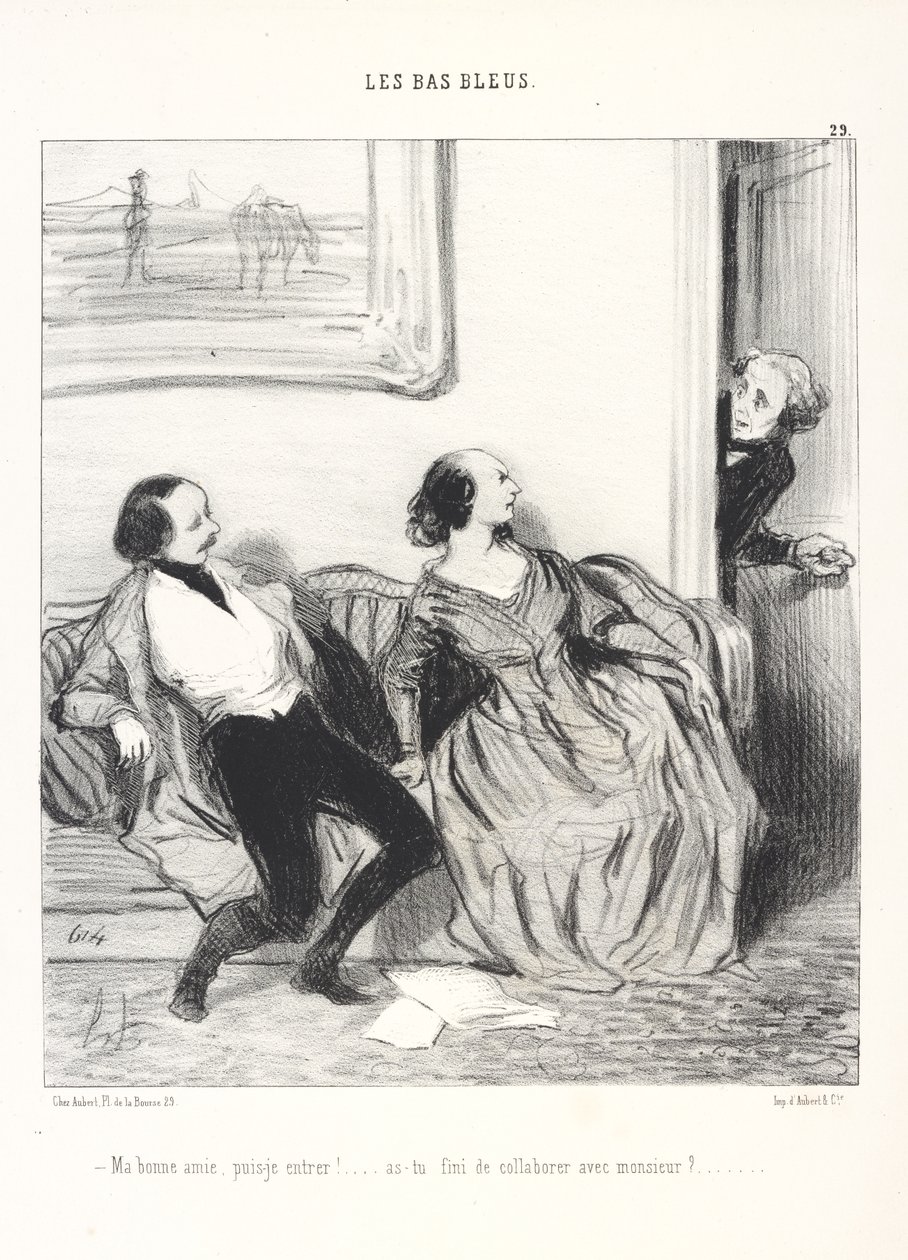 Má drahá, mohu vstoupit! ... Už jsi skončila se spoluprací s pánem?, tabule 29 ze série Les Bas-Bleus z časopisu Le Charivari od Honoré Daumier