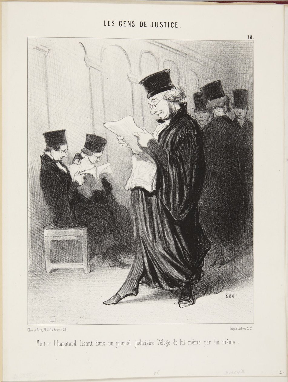 Mistr Chapotard čte v soudních novinách chválu na sebe samého od sebe samého od Honoré Daumier