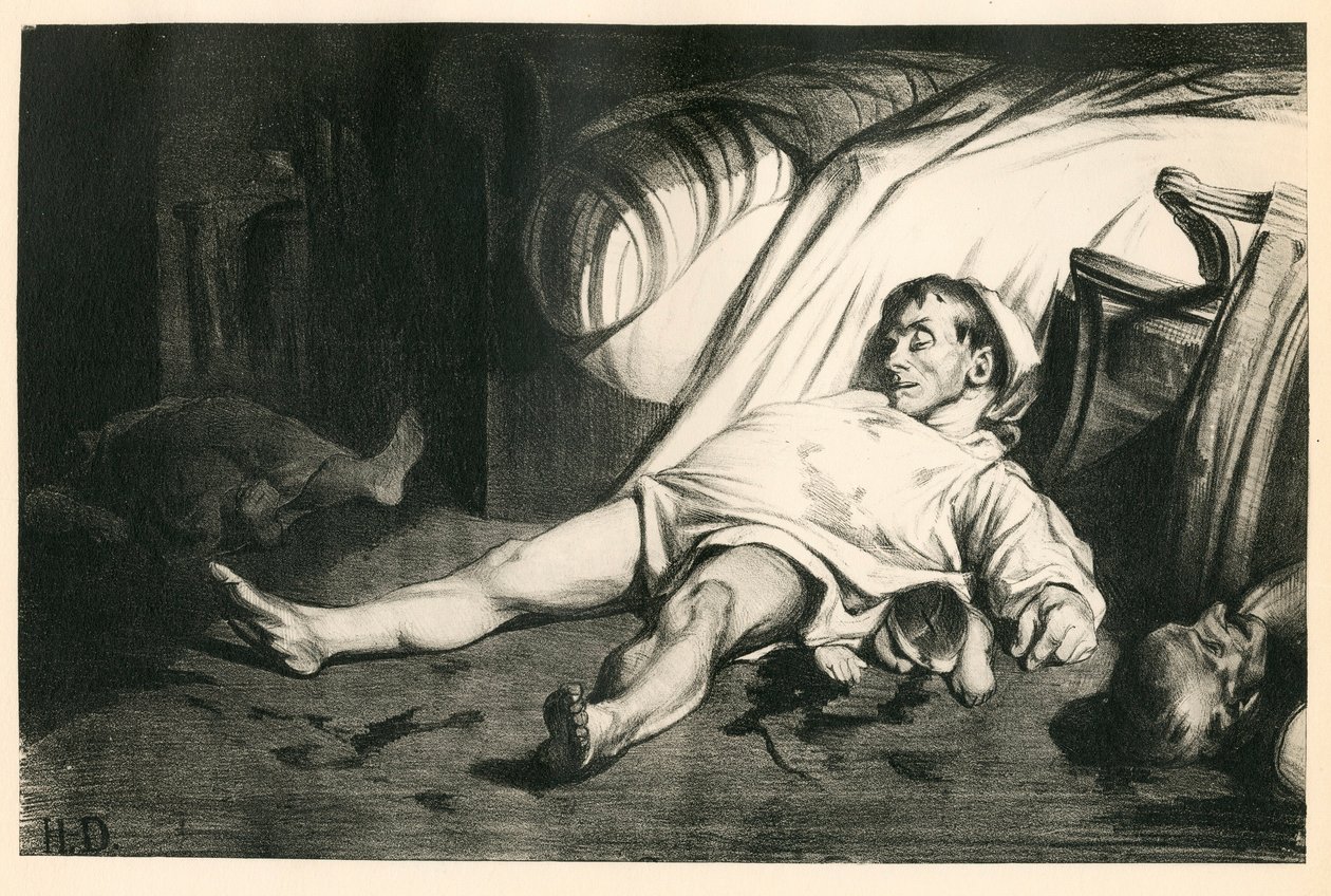 Sto dvacet litografií H. Daumiera, Satirique in N & B, circa 1834: Massacre de la rue Transnonain (Paříž) – Republicain, Mrtvé mrtvoly, Represe – ilustrace Honore Daumier (1808-1879) od Honoré Daumier