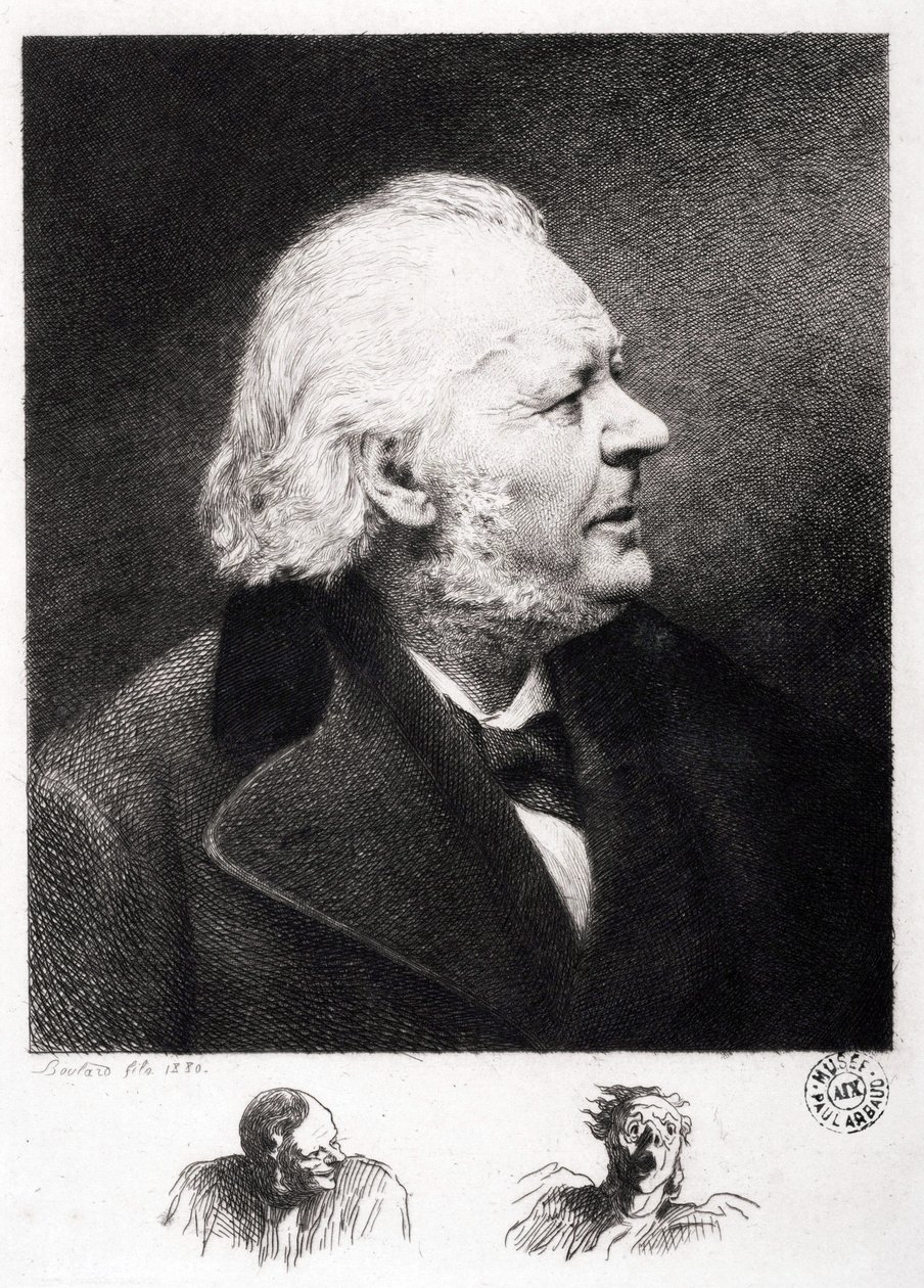 Portrét Honore Daumiera (1808-1879), francouzského rytce, malíře a sochaře. Rytina syna Boularda od Honoré Daumier