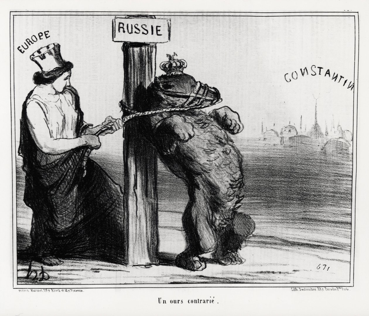 Rusko: medvěd naštvaný (Evropou). V březnu 1854 Francie a Anglie uzavřely spojenectví s Tureckem proti Rusku Ilustrace Honore Daumier (1808-1879), publikované v novinách „Charivari“ od Honoré Daumier