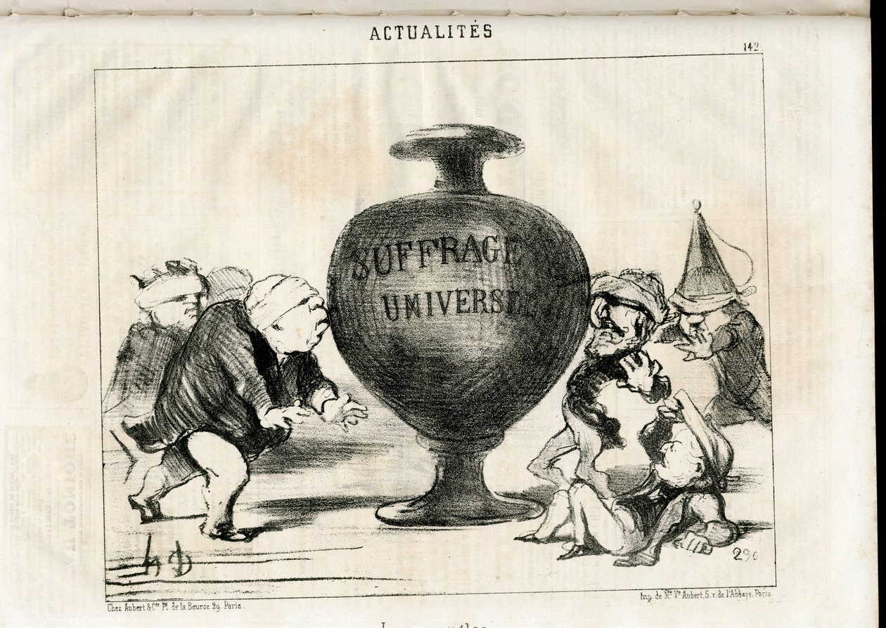 Satirické v N & B: Zprávy - prezident republiky, všeobecné volební právo - třetí Adolf, Montalembert Charles de (1810-1870), Louis Matthew Mole (1781-1855), Dupin Andre-Marie, dit Dupin aine (1783-1865) - Ilustrace Honore Daumier (1808-1879) od Honoré Daumier