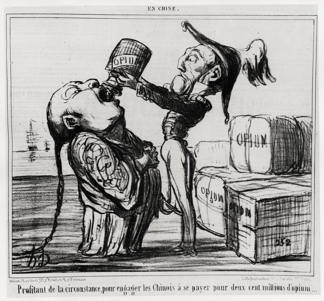 Druhá opiová válka (1856-1860): V roce 1858 čínská vláda souhlasila s legalizací obchodu s opiem. „“Využití okolností k zapojení Číňanů, aby zaplatili za dvě stě milionů opia““, v seriálu En Chine, ilustrace Honore Daumier (1 od Honoré Daumier