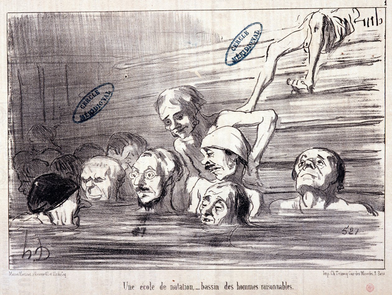 Série „“ Les Bains de Mer““: „“ Vodní skica. Plavecká škola, bazén rozumných mužů.“ Rytina Honore DAUMIEROVÉ (1808-1879). Výňatek z novin ""Le Charivari"" od Honoré Daumier