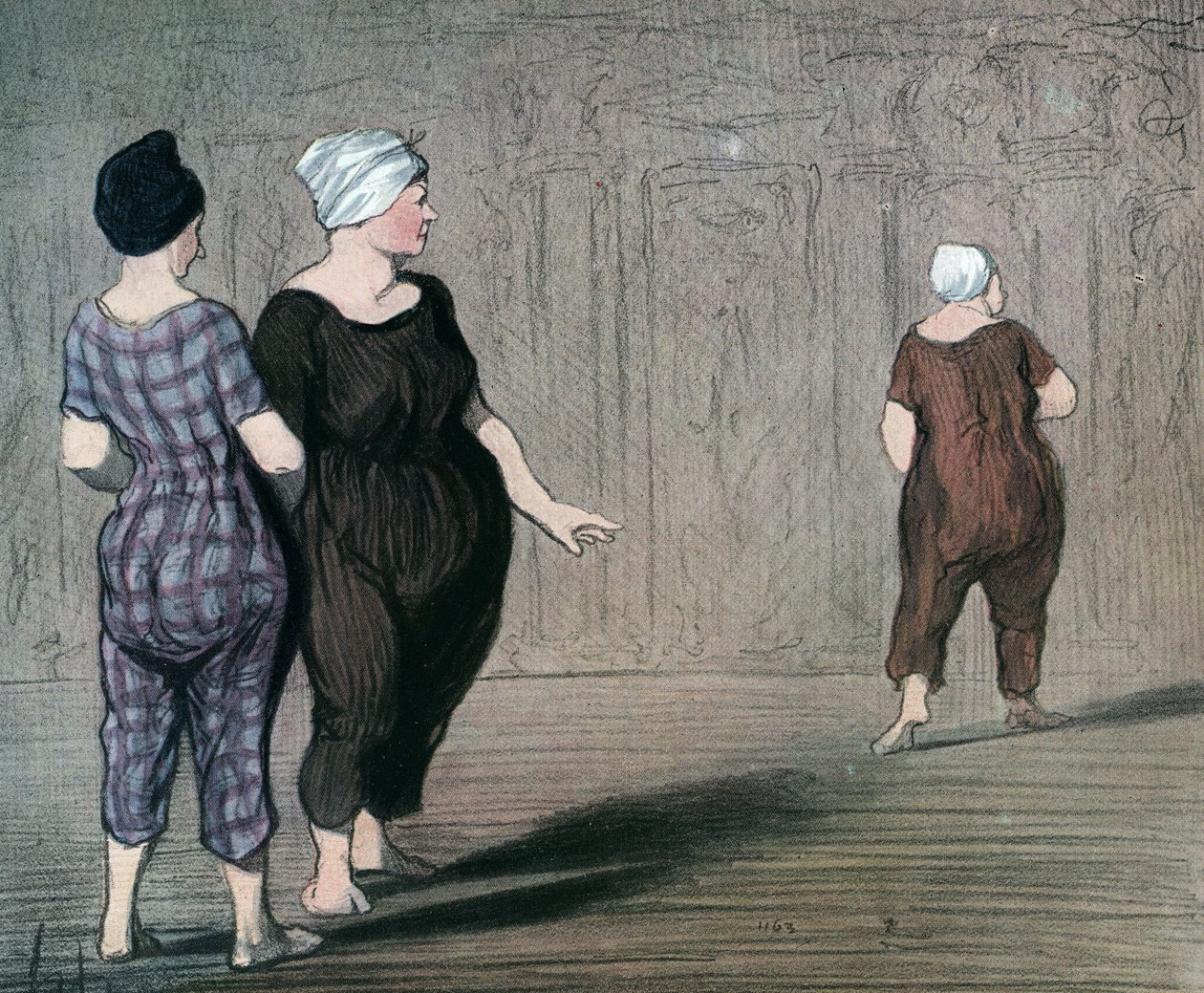 Série „“Les batheuses““ dvě ženy v plavkách zkoumá střih jiné, karikatura od Honore Daumier (1808-1879) 1844 (Koupající se: dvě dámy v plavkách, dívají se nahoru a dolů v pase jiné) Soukromá sbírka od Honoré Daumier