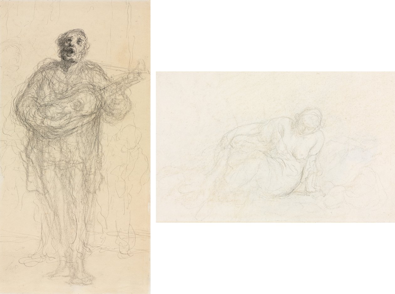 Zpívající kytarista (recto); Ležící žena opřená o paži (verze) od Honoré Daumier