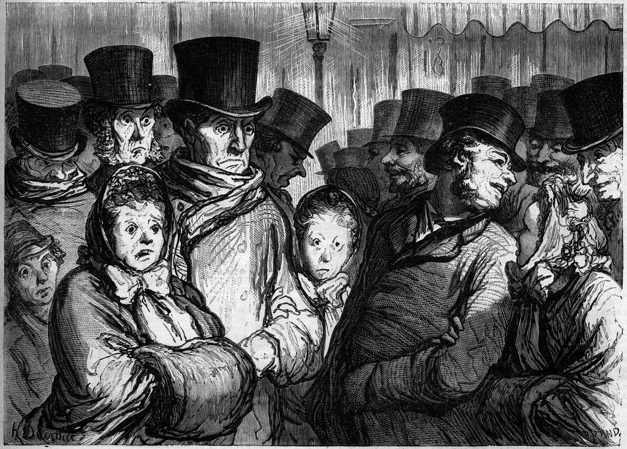 Temple Boulevard o půlnoci. Vlevo, lidé vycházející z dramatu. Dobře, lidé opouštějí funambuly. Kreslený film Honore Daumier (1808-1879). Rytina v „“ Le Monde Illustré““ č. 254 z 22. února od Honoré Daumier