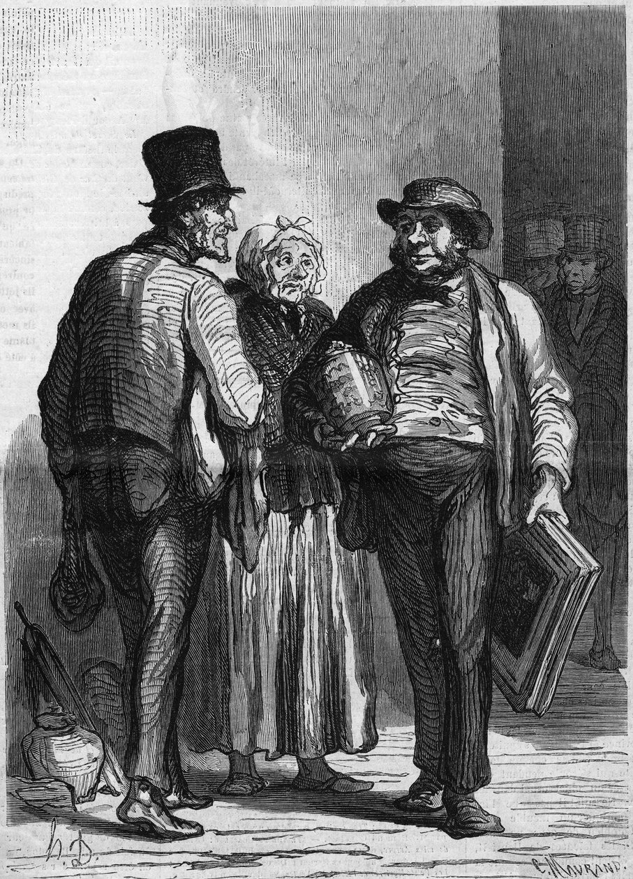 Hotel des Commissaires Ariseurs: obchodníci. Kreslený film Honore Daumier (1808-1879). Rytina do „“ The Illustrated World““ č. 326 z 11. ledna od Honoré Daumier