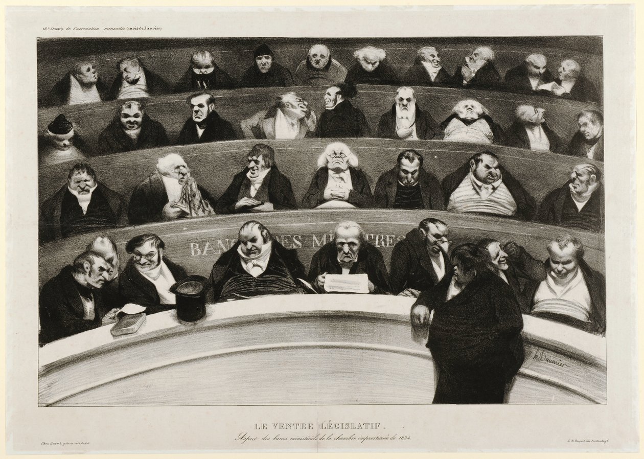 The Legislative Belly: Pohled na ministerské lavice v improvizované komoře z roku 1834 (litografie) od Honoré Daumier