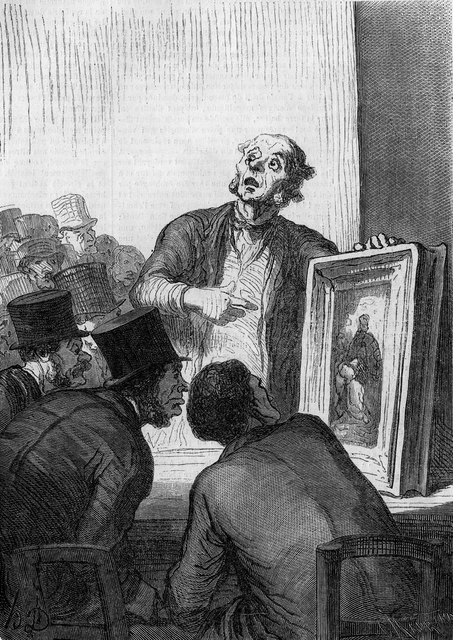 Aukční dům: odborník na umění. Karikatura od Honore Daumiera (1808-1879). Rytina v „“ Le Monde Illustré““ č. 308 ze 7. března od Honoré Daumier
