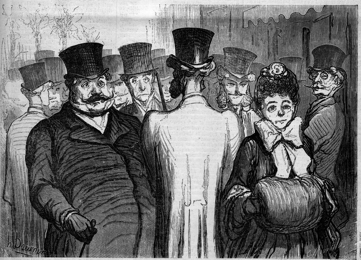 Bulvár Italů. Kreslený film Honore Daumier (1808-1879). Rytina v „“ Le Monde Illustré““ č. 252 z 8. února od Honoré Daumier