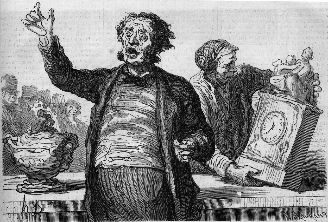 Hotel dražitelů: veřejný křikloun. Kreslený film Honore Daumier (1808-1879). Rytina v „“ Le Monde Illustré““ č. 551 z 2. ledna od Honoré Daumier