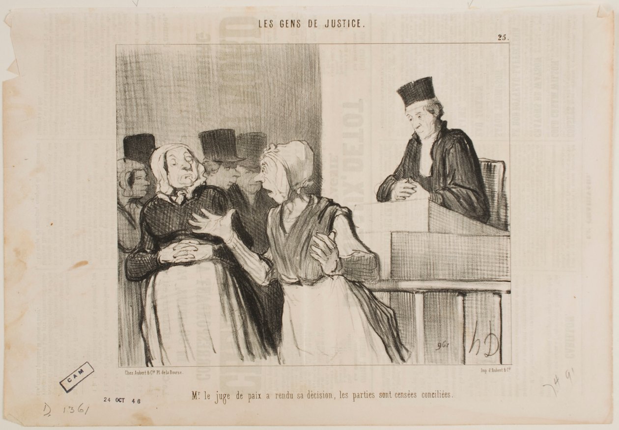 Soudce smírčího soudu vynesl rozsudek... všechny strany se mají usmířit. od Honoré Daumier