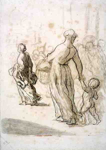 Dvě ženy a dítě, kolem 1848-50 (křída, dřevěné uhlí a kvaš na starožitném papíře) od Honoré Daumier