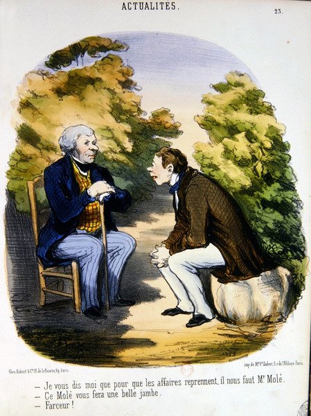 Dva muži diskutují o politice a užitečnosti hraběte de Mole (barevná litografie) od Honoré Daumier
